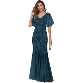 VCCICANY Lace Mermaid Mother of The Bride Dresses Long for Women Short Sleeve V Neck Formal Evening Gowns in Saudi Arabia