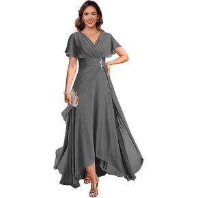 vintys Women's Chiffon Mother of The Bride Dresses with Sleeves V Neck A Line Formal Evening Dress VS210 in Saudi Arabia