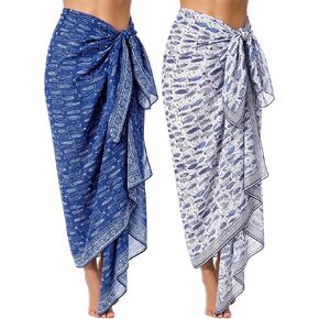 2 Pcs Blue Fish Print Women Sarong Swimsuit Cover up Indian Block Print Long Pareo Beach Wrap Chiffon Swimwear Bikini Suit Wrap Skirt Summer Outfits 44"x72" in Saudi Arabia