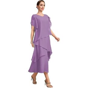 Scoop Neck Tiered Mother of the Bride Dresses Chiffon Tea Length Formal Evening Dress with Sleeves AS065 in Saudi Arabia