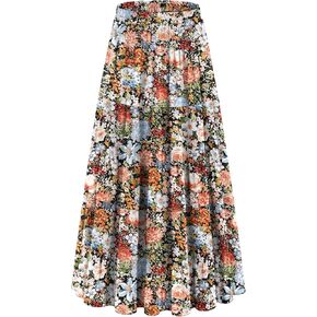 onlypuff Maxi Skirt for Women Floral Chiffon Boho Long Skirts Flowy Pleated Western Midi Skirt A Line High Waisted Tiered Trendy Outfit Coffee Floral XL in Saudi Arabia