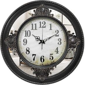 Vintage Decorative Wall Clock with Mirror Frame, 25 Inch Large European Style Silent Non-Ticking Wall Clock, Classic Embossed Design Decor for Living Room, Bedroom, Entryway (Champagne Silver) in Saudi Arabia