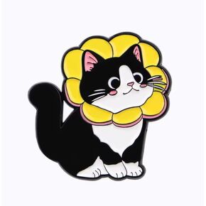 Cute Black and White Cat Enamel Pin with Yellow Flower Design, Metal Brooch Badge, 1.5x1.25 Inch in Saudi Arabia