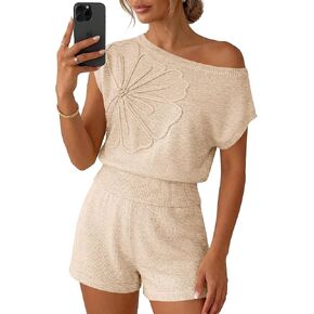 Saodimallsu Womens Off The Shoulder 2 Piece Sweater Sets Short Sleeve Floral Tops Summer Matching Lounge Shorts Set in Kuwait