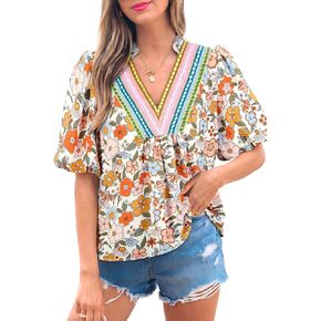 Summer Boho Tops for Women Floral Crochet V Neck Half Sleeve Blouse Dressy 2026 Going Out Shirts in Saudi Arabia