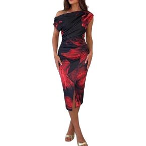 CHICME Womens Summer Polka Dot & Floral Print Midi Dress Off Shoulder Ruched Slit Bodycon Party Dresses in Saudi Arabia
