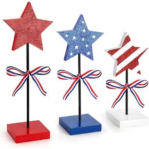 4th of July Wooden Star Signs 4th of July Table Decor 3 Pcs Glitter Patriotic Table Centerpiece Glitter Red White Blue Star Independence Day Tiered Tray Tabletop Decor for Independence Day Party Home in Saudi Arabia
