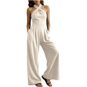 Women's Cross-Neck Halter Cotton Linen Jumpsuit, Sleeveless Wide Leg Romper with Pockets in Kuwait