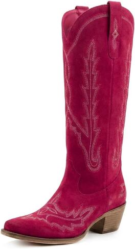 Women’s Wide Calf Plus Size Western Cowboy Boots with Side Zipper and Embroidered Suede Design, Beige Pull On Cowgirl Boots with Square Toe and Mid Heel Classic Western Style in Saudi Arabia