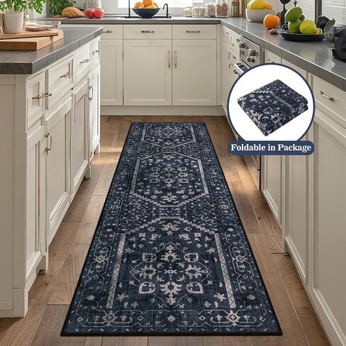 Hallway Rug Runner 2x6 Non Slip Washable, Navy Blue Vintage Kitchen Runner Rugs with Rubber Backing, Soft Boho Mats Low Pile Floor Carpet for Kitchen Bedside Laundry Bathroom Entryway in Saudi Arabia