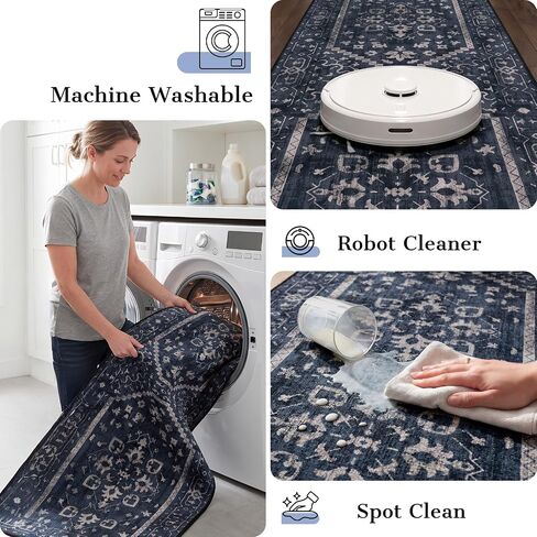 Hallway Rug Runner 2x6 Non Slip Washable, Navy Blue Vintage Kitchen Runner Rugs with Rubber Backing, Soft Boho Mats Low Pile Floor Carpet for Kitchen Bedside Laundry Bathroom Entryway in Saudi Arabia