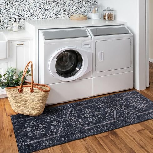 Hallway Rug Runner 2x6 Non Slip Washable, Navy Blue Vintage Kitchen Runner Rugs with Rubber Backing, Soft Boho Mats Low Pile Floor Carpet for Kitchen Bedside Laundry Bathroom Entryway in Saudi Arabia