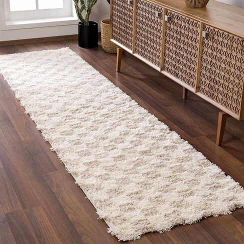 BoutiqueRugs Beige Checkered Contemporary 7ft Runner Rug Shag Plush Cream Light Brown Atira Hallway Kitchen Corridor Stairway Laundry Room 2'7" x 7'3" Stain Resistant Non-Shedding Pet Friendly in Saudi Arabia