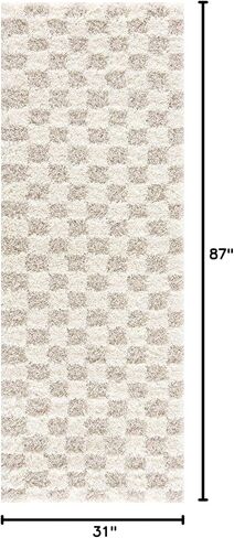 BoutiqueRugs Beige Checkered Contemporary 7ft Runner Rug Shag Plush Cream Light Brown Atira Hallway Kitchen Corridor Stairway Laundry Room 2'7" x 7'3" Stain Resistant Non-Shedding Pet Friendly in Saudi Arabia
