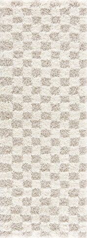 BoutiqueRugs Beige Checkered Contemporary 7ft Runner Rug Shag Plush Cream Light Brown Atira Hallway Kitchen Corridor Stairway Laundry Room 2'7" x 7'3" Stain Resistant Non-Shedding Pet Friendly in Saudi Arabia