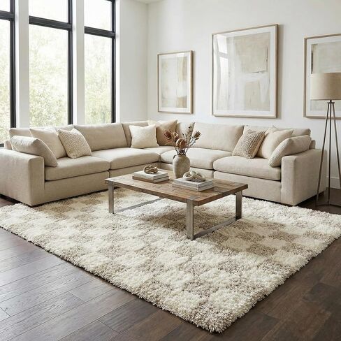 BoutiqueRugs Beige Checkered Contemporary 7ft Runner Rug Shag Plush Cream Light Brown Atira Hallway Kitchen Corridor Stairway Laundry Room 2'7" x 7'3" Stain Resistant Non-Shedding Pet Friendly in Saudi Arabia