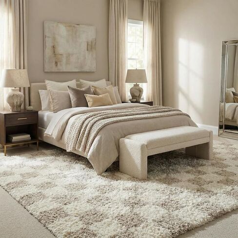 BoutiqueRugs Beige Checkered Contemporary 7ft Runner Rug Shag Plush Cream Light Brown Atira Hallway Kitchen Corridor Stairway Laundry Room 2'7" x 7'3" Stain Resistant Non-Shedding Pet Friendly in Saudi Arabia