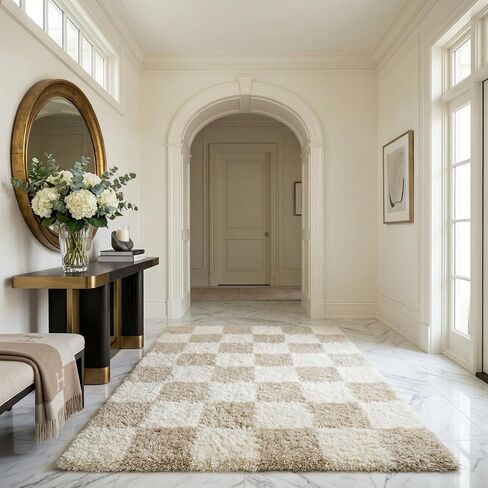 BoutiqueRugs Beige Checkered Contemporary 7ft Runner Rug Shag Plush Cream Light Brown Atira Hallway Kitchen Corridor Stairway Laundry Room 2'7" x 7'3" Stain Resistant Non-Shedding Pet Friendly in Saudi Arabia