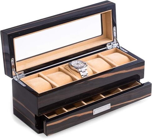Bey-Berk Personalized Ebony Wood 5-Slot Watch Box, Lacquered Glass-Top Watch Display Case with Velour-Lined Cushions and 5-Compartment Accessory Drawer, 12" x 4.25" x 5.15" in Kuwait