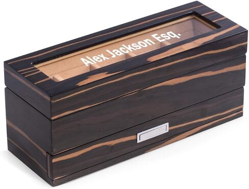 Bey-Berk Personalized Ebony Wood 5-Slot Watch Box, Lacquered Glass-Top Watch Display Case with Velour-Lined Cushions and 5-Compartment Accessory Drawer, 12" x 4.25" x 5.15" in Kuwait