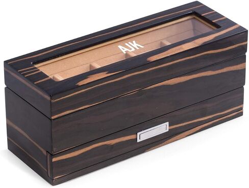Bey-Berk Personalized Ebony Wood 5-Slot Watch Box, Lacquered Glass-Top Watch Display Case with Velour-Lined Cushions and 5-Compartment Accessory Drawer, 12" x 4.25" x 5.15" in Kuwait