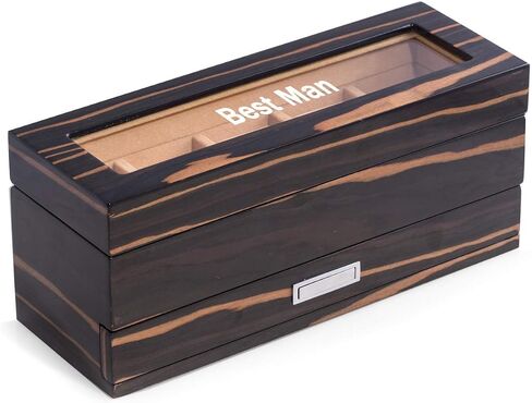 Bey-Berk Personalized Ebony Wood 5-Slot Watch Box, Lacquered Glass-Top Watch Display Case with Velour-Lined Cushions and 5-Compartment Accessory Drawer, 12" x 4.25" x 5.15" in Kuwait