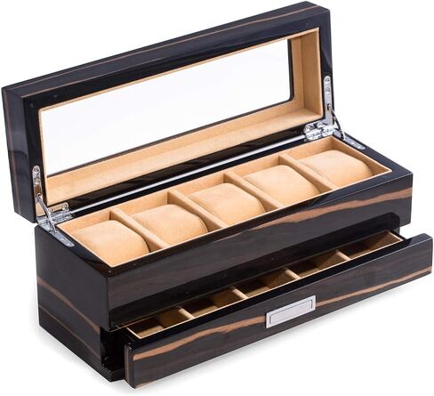 Bey-Berk Personalized Ebony Wood 5-Slot Watch Box, Lacquered Glass-Top Watch Display Case with Velour-Lined Cushions and 5-Compartment Accessory Drawer, 12" x 4.25" x 5.15" in Kuwait