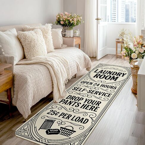 Laundry Room Runner Rug, Vintage Classic Self-Service Open 24 Hours None Black Non-Slip Home Indoor Pattern Carpets Non Shedding for Kitchen Entryway Laundry Hallway Decor 2x5 Ft in Kuwait