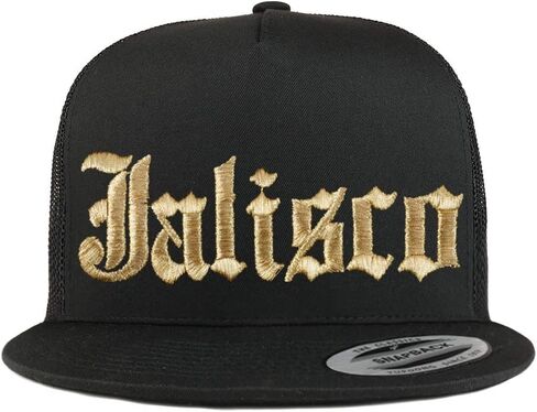 Trendy Apparel Shop Old English Jalisco Gold Embroidered 5 Panel Flatbill Trucker Mesh Cap in Kuwait
