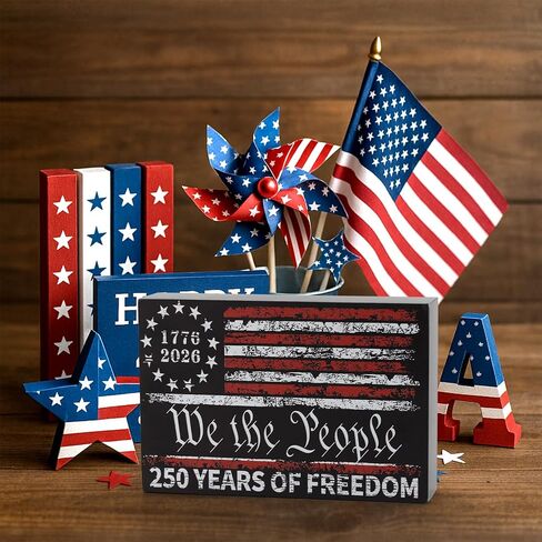 US 250th Anniversary Decor Patriotic 4th of July Box Sign Independence Day Memorial Day Wooden Block American Flag Farmhouse Table Centerpiece in Saudi Arabia