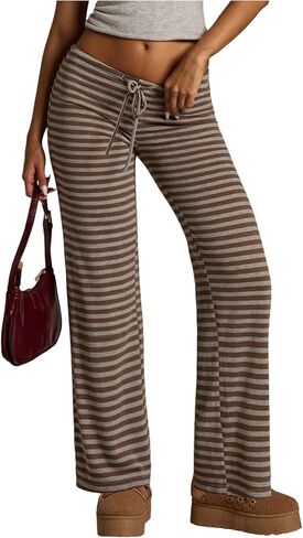 SOLY HUX Women's Striped Pants Drawstring Low Rise Straight Leg Lounge Pants Casual Long Trousers in Kuwait
