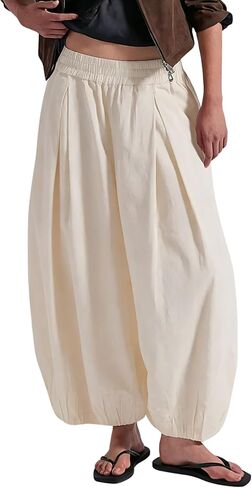 Xiaoxuemeng Women's Baggy Wide Leg Pants Mid Elastic Waist Barrel Pants Loose Cotton Balloon Pants(0875-Beige-Large) in Saudi Arabia