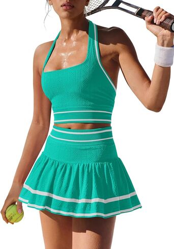 ReachMe Womens 2 Piece Tennis Skirt Set Pickleball Golf Outfit with 3D Stretch Moisture-Wicking & Built-in Shorts Pockets in Saudi Arabia