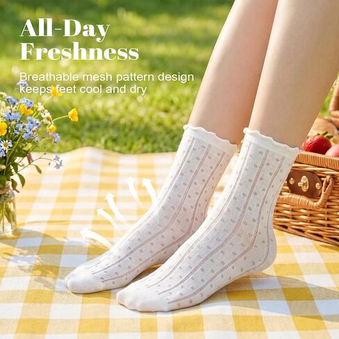 Hellomamma Women’s Ruffle Crew Socks: 6 Pairs Lace Thin Cotton Blend Frilly Lettuce Edge Socks for Loafers Mary Jane Shoes in Saudi Arabia