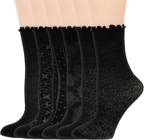 Hellomamma Women’s Ruffle Crew Socks: 6 Pairs Lace Thin Cotton Blend Frilly Lettuce Edge Socks for Loafers Mary Jane Shoes in Saudi Arabia