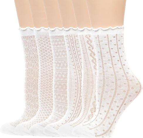 Hellomamma Women’s Ruffle Crew Socks: 6 Pairs Lace Thin Cotton Blend Frilly Lettuce Edge Socks for Loafers Mary Jane Shoes in Saudi Arabia