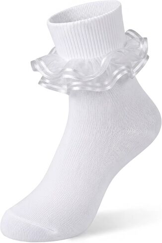 Women Sweet Lace Ruffle Turn Cuff Ankle Socks White Cotton Casual Socks with Pink Sheer Ribbon Frill for Daily Bride in Kuwait