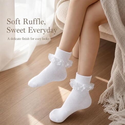 Women Sweet Lace Ruffle Turn Cuff Ankle Socks White Cotton Casual Socks with Pink Sheer Ribbon Frill for Daily Bride in Kuwait