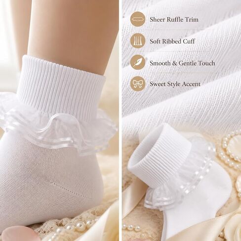Women Sweet Lace Ruffle Turn Cuff Ankle Socks White Cotton Casual Socks with Pink Sheer Ribbon Frill for Daily Bride in Kuwait