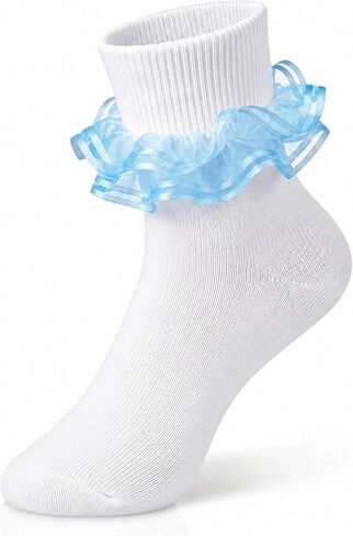 Women Sweet Lace Ruffle Turn Cuff Ankle Socks White Cotton Casual Socks with Pink Sheer Ribbon Frill for Daily Bride in Kuwait