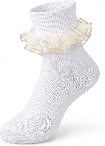 Women Sweet Lace Ruffle Turn Cuff Ankle Socks White Cotton Casual Socks with Pink Sheer Ribbon Frill for Daily Bride in Kuwait