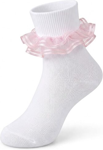 Women Sweet Lace Ruffle Turn Cuff Ankle Socks White Cotton Casual Socks with Pink Sheer Ribbon Frill for Daily Bride in Kuwait