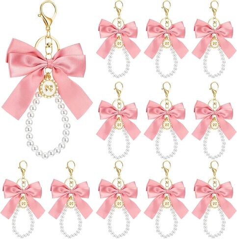 Large Pink Bow Pearl Keychain Set, Elegant Bag Charm with Ribbon and Faux Pearls, Cute Metal Key Ring for Handbags Backpacks Purse Keys, 12 Pieces in Saudi Arabia