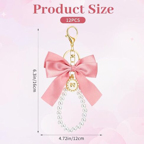 Large Pink Bow Pearl Keychain Set, Elegant Bag Charm with Ribbon and Faux Pearls, Cute Metal Key Ring for Handbags Backpacks Purse Keys, 12 Pieces in Saudi Arabia
