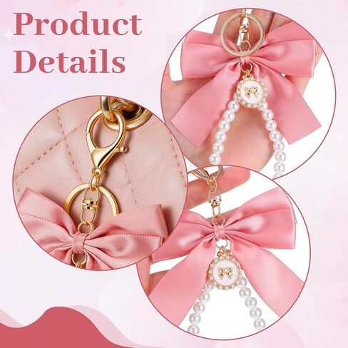 Large Pink Bow Pearl Keychain Set, Elegant Bag Charm with Ribbon and Faux Pearls, Cute Metal Key Ring for Handbags Backpacks Purse Keys, 12 Pieces in Saudi Arabia
