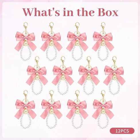 Large Pink Bow Pearl Keychain Set, Elegant Bag Charm with Ribbon and Faux Pearls, Cute Metal Key Ring for Handbags Backpacks Purse Keys, 12 Pieces in Saudi Arabia
