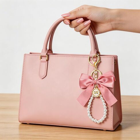 Large Pink Bow Pearl Keychain Set, Elegant Bag Charm with Ribbon and Faux Pearls, Cute Metal Key Ring for Handbags Backpacks Purse Keys, 12 Pieces in Saudi Arabia