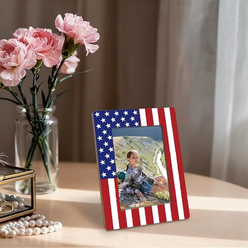 Patriotic American Flag Wooden Photo Frame, Independence Day Wooden Picture Frame, 4th of July Picture Frames, Fitting a 4x6 Inch Photo, Desktop Decoration in Saudi Arabia