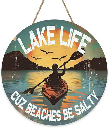 Lake Life Cuz Beaches Be Salty Front Door Sign, Funny Lake House Boat Sunset Mountain Forest Wooden Hanger Outdoor Porch Home Decor, Vintage Farmhouse Wreath Indoor Wall Hanging Decoration in Saudi Arabia