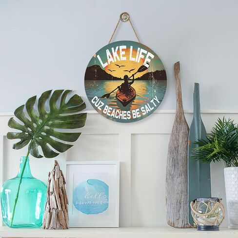 Lake Life Cuz Beaches Be Salty Front Door Sign, Funny Lake House Boat Sunset Mountain Forest Wooden Hanger Outdoor Porch Home Decor, Vintage Farmhouse Wreath Indoor Wall Hanging Decoration in Saudi Arabia